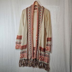 Adora Bohemian Tassel Hem Open Front Cardigan Womens Small Oatmeal Orange Aztec